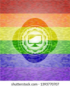 monitor icon inside emblem on mosaic background with the colors of the LGBT flag