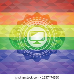 monitor icon inside emblem on mosaic background with the colors of the LGBT flag