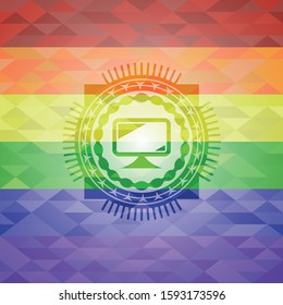 monitor icon inside emblem on mosaic background with the colors of the LGBT flag