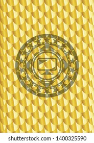 monitor icon inside golden badge or emblem. Scales pattern. Vector Illustration. Detailed.