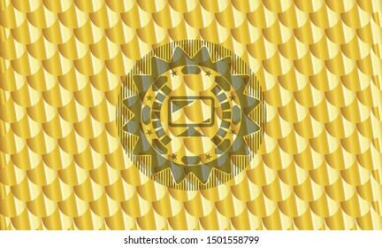 monitor icon inside golden badge. Scales pattern. Vector Illustration. Detailed.