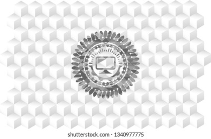 monitor icon inside grey badge with geometric cube white background