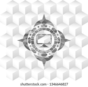 monitor icon inside grey badge with geometric cube white background