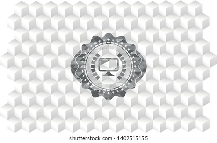monitor icon inside grey badge with geometric cube white background