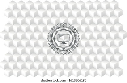 monitor icon inside grey badge with geometric cube white background