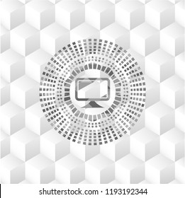 monitor icon inside grey icon or emblem with geometric cube white background