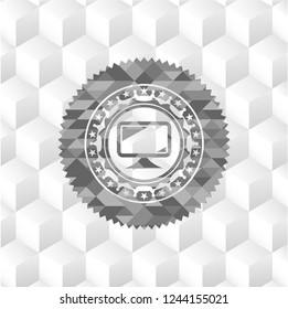 monitor icon inside grey emblem with cube white background