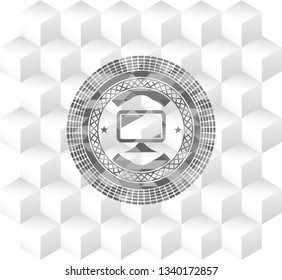 monitor icon inside grey emblem. Retro with geometric cube white background