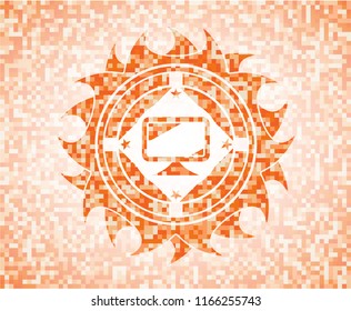 monitor icon inside orange tile background illustration. Square geometric mosaic seamless pattern with emblem inside.