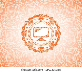 monitor icon inside orange tile background illustration. Square geometric mosaic seamless pattern with emblem inside.