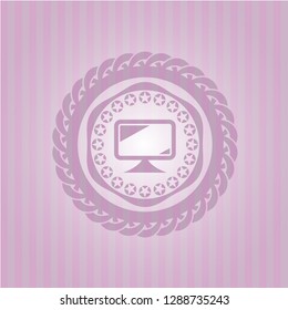 monitor icon inside pink emblem
