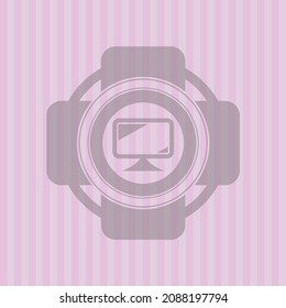 monitor icon inside pink emblem. Retro. Detailed design. 