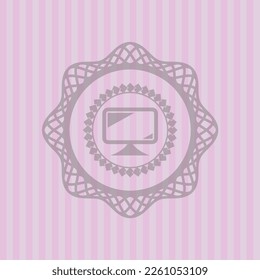 monitor icon inside pink emblem. Flat design. 