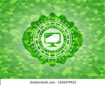 monitor icon inside realistic green mosaic emblem