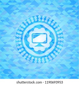 monitor icon inside realistic light blue emblem. Mosaic background