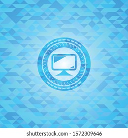 monitor icon inside realistic light blue emblem. Mosaic background
