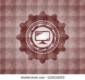 monitor icon inside red emblem with geometric background. Seamless.