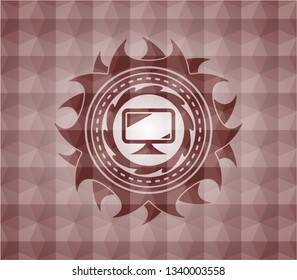 monitor icon inside red emblem with geometric background. Seamless.