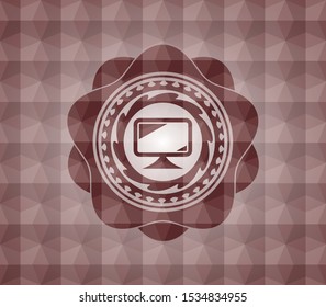 monitor icon inside red emblem or badge with geometric pattern background. Seamless.