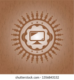monitor icon inside retro style wood emblem
