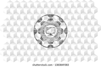monitor icon inside retro style grey emblem with geometric cube white background