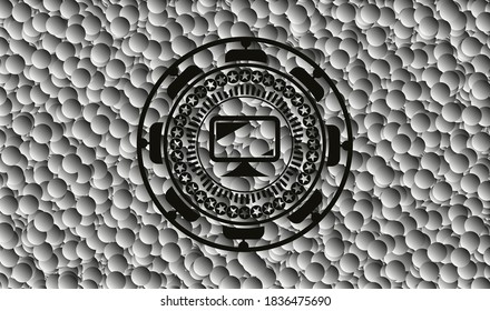 monitor icon inside retro style black emblem with grey bubbles background. Vector Illustration. Detailed. 