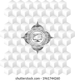 monitor icon inside retro style grey emblem with geometric cube white background. 