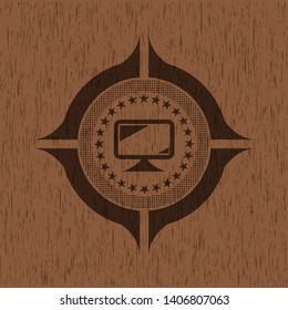 monitor icon inside retro wood emblem