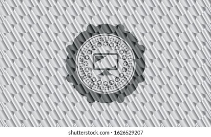 monitor icon inside silver color emblem. Scales pattern. Vector Illustration. Detailed.