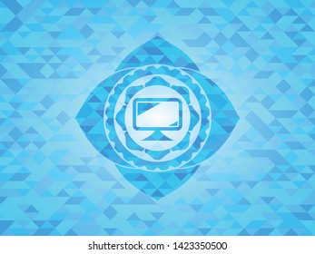 monitor icon inside sky blue emblem. Mosaic background
