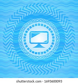 icono de monitor dentro del emblema azul cielo.