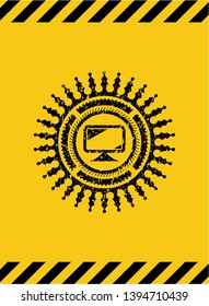 monitor icon inside warning sign, black grunge emblem. Vector Illustration. Detailed.