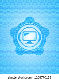 monitor icon inside water wave style badge.