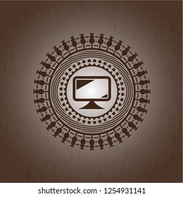 monitor icon inside wooden emblem. Retro