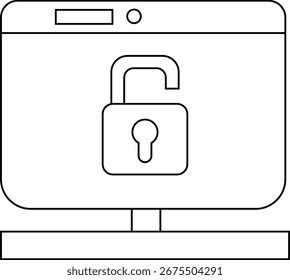 monitor icon and open padlock icon with white background.with black lines