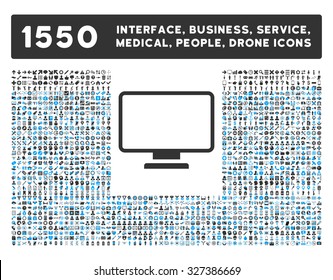 Monitor icon and other web interface, business, tools, people, medical service and awards vector symbols. Style is bicolor flat symbols, blue and gray colors, rounded angles, white background.
