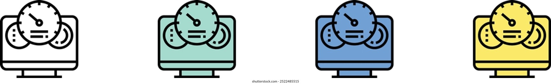 icono de monitor. Esquema, diseño de estilo verde, azul y amarillo aislado sobre fondo blanco