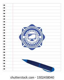 monitor icon pen emblem. Blue ink. Vector Illustration. Detailed.