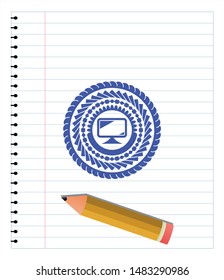 monitor icon with pen strokes. Blue ink. Vector Illustration. Detailed.