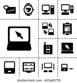Monitor icon. set of 13 filled monitoricons such as laptop connection, heartbeat, laptop, blood pressure measure, heartbeat watch, pc, intercom, tv set