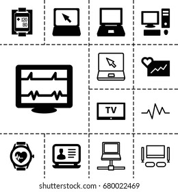 Monitor icon. set of 13 filled and outline monitor icons such as laptop, heartbeat, blood pressure measure, heartbeat watch, tv, pc, tv set