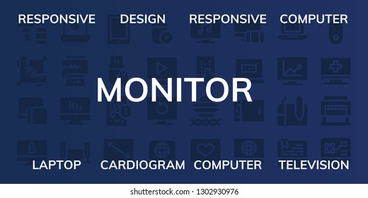 monitor icon set. 32 filled monitor icons. on blue background style Simple modern icons about  - Responsive, Design, Computer, Laptop, Cardiogram, Television, Tablet, Pendrive