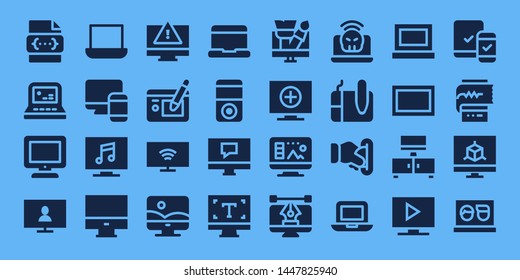 Monitor-Icon-Set. 32 gefüllte Monitorsymbole. auf blauem Hintergrund Sammlung von - CSS, Laptop, TV, Fernsehen, Fernsehen, Responsive, Computer, Grafiktablette, Smart TV, Fotoshop, iPod