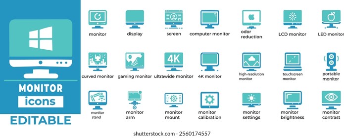 Monitor Icon Set 4K, Gaming, Curved, Touchscreen, Portable, LCD, Calibration Editable and  Modern Vector Graphics