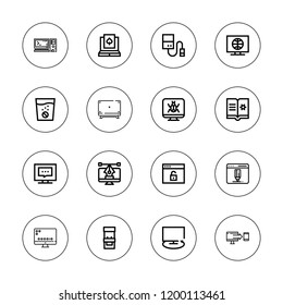 Monitor icon set. collection of 16 outline monitor icons with arcade machine, browser, computer, ebook, laptop, hard drive, tablet, tv icons.