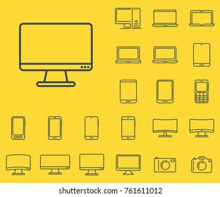 Monitor icon in set on the yellow background. 
Set of thin, linear and modern electronic equipment icons.
Universal linear icons to use in web and mobile app.