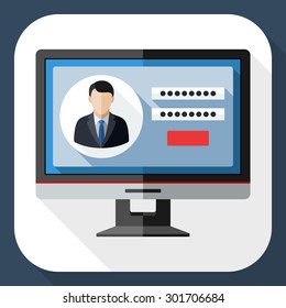 Monitor icon with user login form on the screen and long shadow