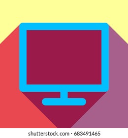 Monitor icon. Vector. Deep sky blue icon with two flat violet and raspberry semitransparent shadows on canary background.