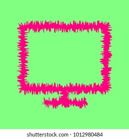 Monitor icon. Vector. Magenta rough icon on greenish background. Isolated.
