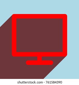 Monitor icon. Vector. Red flat icon with infinte wine shadow to left down corner at sky background.